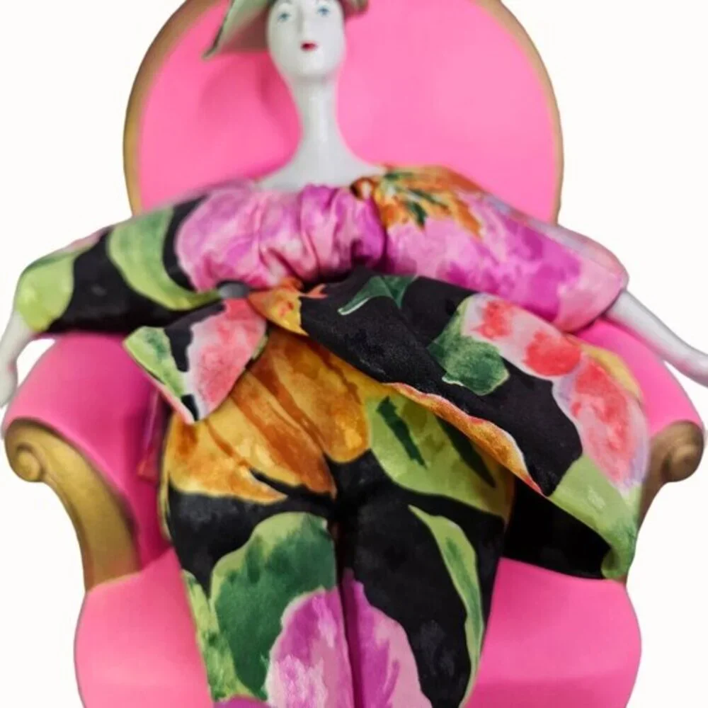 Poupee Millet Art Doll Floral Dress With Headpiece On Pink Chair Signed Vtg READ